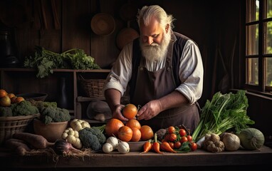 Farmer sorting freshly picked vegetables in a barn