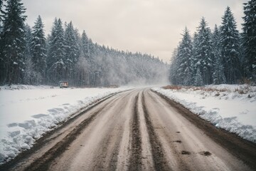 Obraz premium The removal of snow from the road snowy road in forest. ai generative