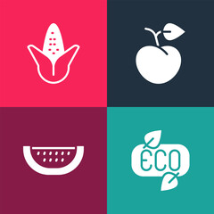 Set pop art Leaf Eco symbol, Watermelon, Peach fruit or nectarine and Corn icon. Vector