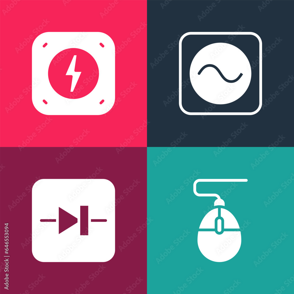 Poster set pop art computer mouse, diode in electronic circuit, ac voltage source and lightning bolt icon. 