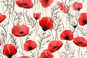 Seamless minimalistic watercolor pattern: the wildflowers and herbs. AI generated - obrazy, fototapety, plakaty