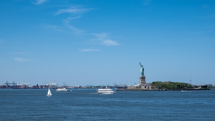 View of the Statue of Liberty, a colossal neoclassical sculpture on Liberty Island in New York Harbor in New York City, in the United States.