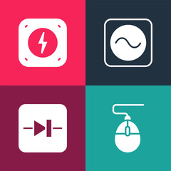 Set pop art Computer mouse, Diode in electronic circuit, AC voltage source and Lightning bolt icon. Vector