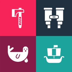 Set pop art Viking ship Drakkar, Fur seal animal, Binoculars and Wooden axe icon. Vector