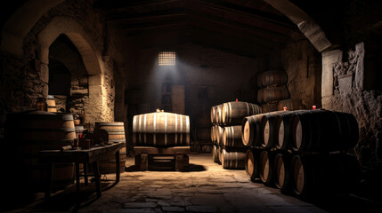 Fototapeta na wymiar Oak wine barrels in the wine cellar. Generative AI
