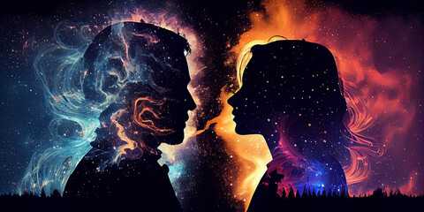 Space starry silhouette of a young man and woman who stand in an embrace and look into each other's faces, close-up and profile view. Generative AI