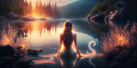 Foto op Plexiglas Fairy-tale beautiful mermaid in the water of the evening lake and magical rays of light, view from the back. Generative AI © Tatiana