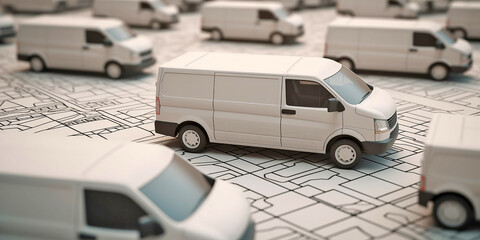 Conceptual image of delivery vans standing on a city map. Generative AI