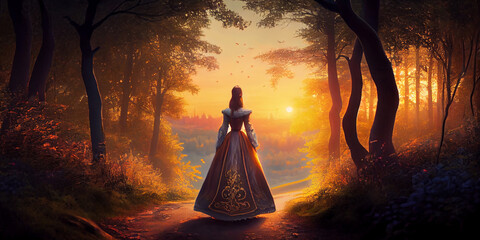 A fabulous young woman - a princess stands on a path in an old park or a magical forest, view from the back. Generative AI