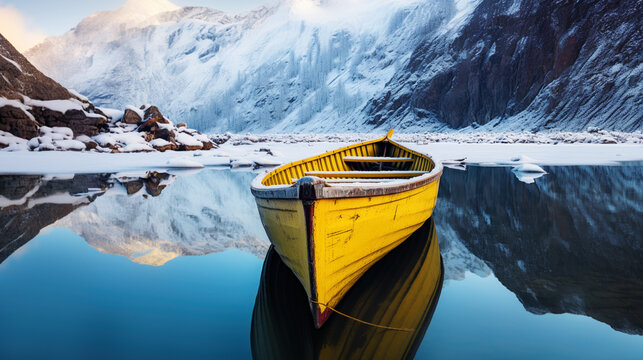 Yellow wooden rowing boat on a calm lake in winter landscape