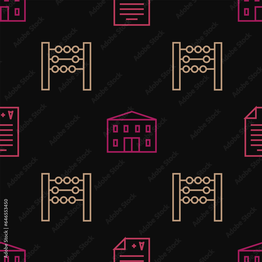 Poster set line exam sheet with a plus grade, abacus and school building on seamless pattern. vector