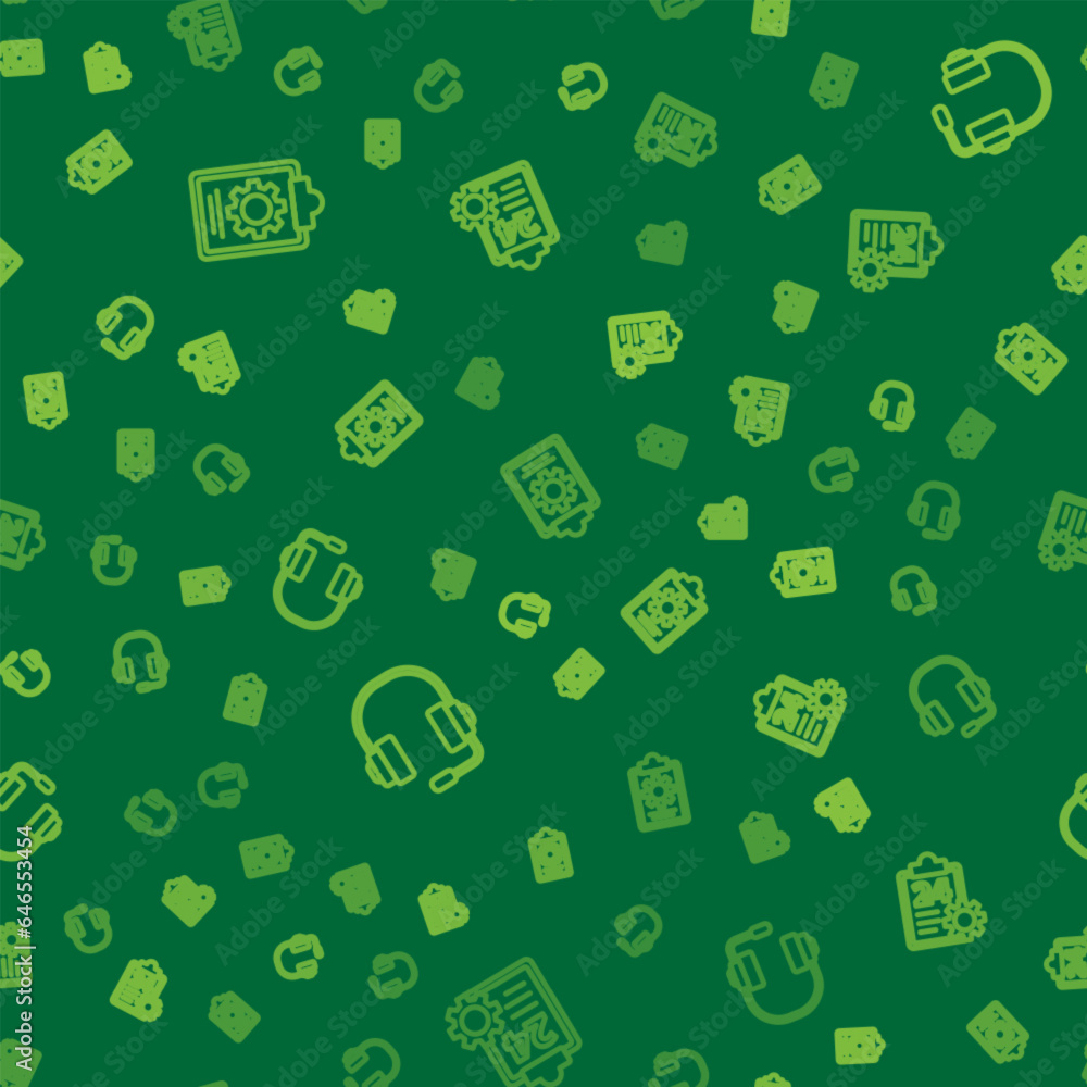 Aufkleber set line checklist with 24 hours service, headphones and on seamless pattern. vector