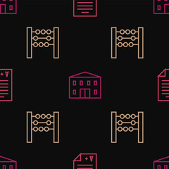 Fototapeta premium Set line Exam sheet with A plus grade, Abacus and School building on seamless pattern. Vector