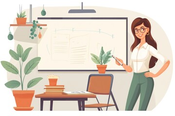 Fototapeta premium Illustration Caucasian Woman Teacher Background Very Pretty Generative AI