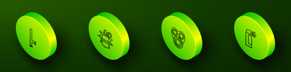 Set Isometric line Police rubber baton, Hand grenade, Gas mask and Pepper spray icon. Vector