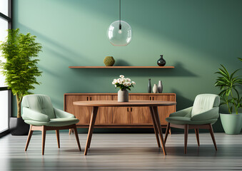 interior living room, mint colored chair at round wooden table in corner of small room green wall. Scandinavian, mid-century home interior design
