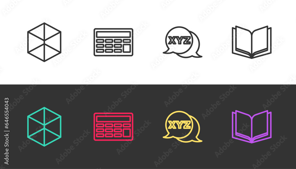 Poster set line geometric figure cube, calculator, xyz coordinate system and open book on black and white. 