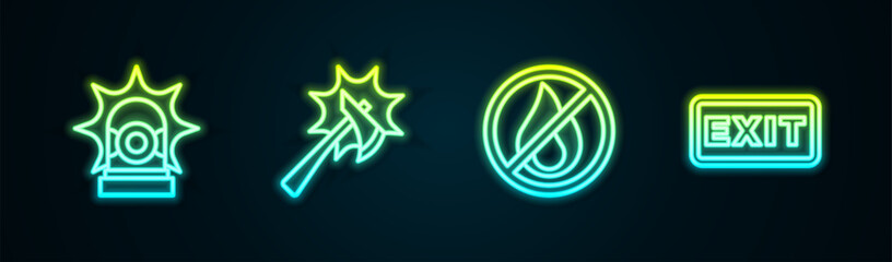 Set line Flasher siren, Firefighter axe, No fire and exit. Glowing neon icon. Vector