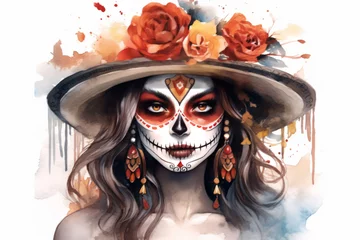 Abwaschbare Fototapete Aquarellschädel Mexican Catrina skull girl illustration with flowers in watercolor style. Dia de los muertos day. Halloween poster background, greeting card or other design concept.