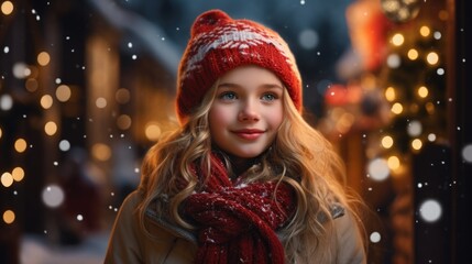 A young girl wearing a red hat and scarf 