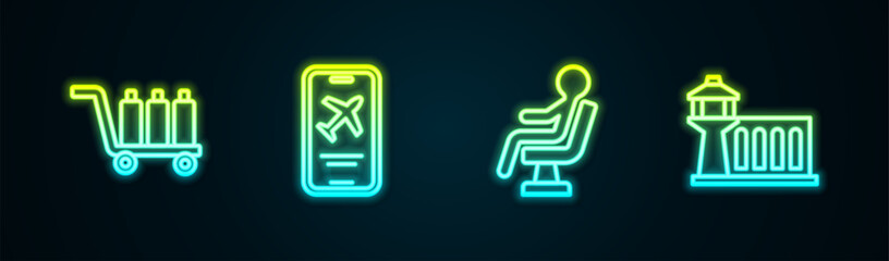 Set line Trolley baggage, Mobile with ticket, Human waiting in airport terminal and Airport control tower. Glowing neon icon. Vector - obrazy, fototapety, plakaty