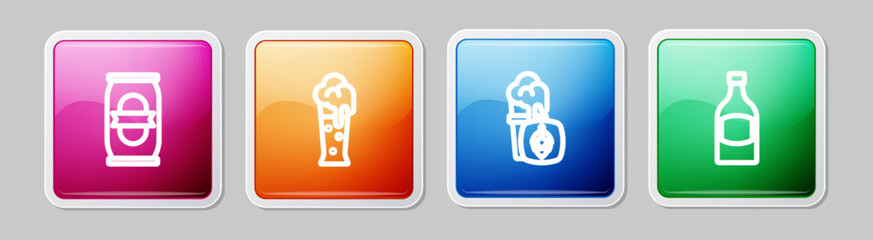 Set line Beer can, Glass of beer, and bottle. Colorful square button. Vector