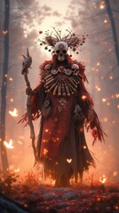 A skeleton dressed in a red outfit standing in a forest