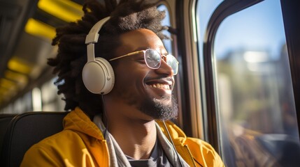young african american man with headphones on bus or train traveling