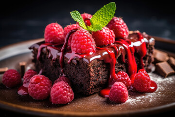 Chocolate brownie with a scoop of ice cream and raspberries