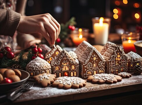 Cozy Winter: Two Female Hands Placing Gingerbread Cookies On A Table Stock Photo