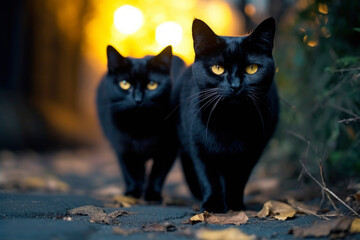 Portrait of witch black cats sitting outdoor at autumn spooky season