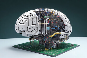 An printed circuit board in the shape of human brain, with electronic components and circuits