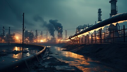 Oil pipeline and rafinery with smoke pouring out of it
