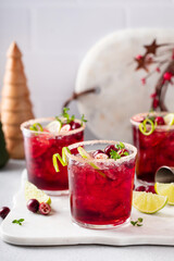 Christmas cranberry and lime margarita cocktail garnished with lime zest - obrazy, fototapety, plakaty