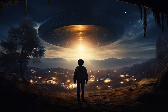 Young man looks at an alien space ship UFO flying over at night. 
