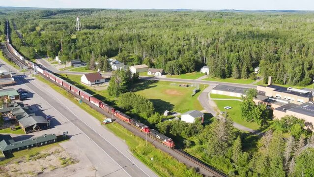 Flying over a freight train as it passes through the town of Orr in Northern Minnesota.