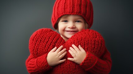 A smiling little girl in a knitted hat and sweater holds a knitted heart toy tightly in her hands. Illustration for cover, card, postcard, interior design, decor or print.
