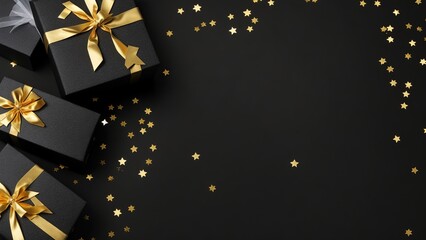 Black Friday Concept Gift Boxes Arranged On Black Background, Marketing Material, Generative AI