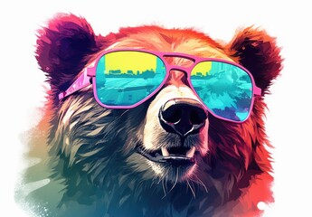 Colorful painting of bear. Digital art of multicolored grizzly on white background. Full muzzle view. Graffiti style. Printable design for t-shirts, mugs, cases, bags, pillows etc.