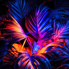 Fototapeta na wymiar Summer neon background, cyber purple, vivid colors of lights on palm leaves. Cyberpunk tropical exotic flat lay background.