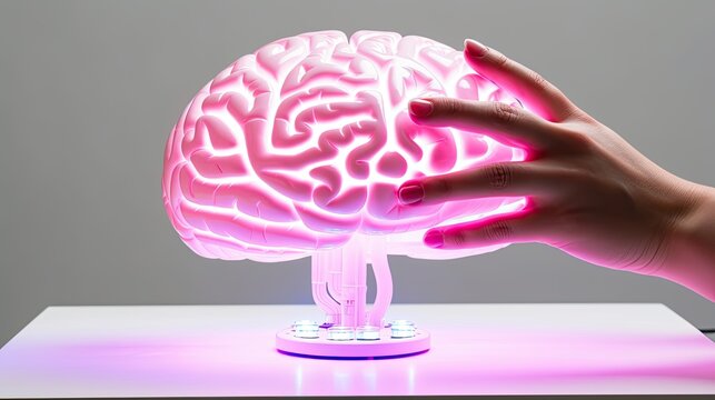 A hand touches a glowing lamp in the shape of a brain. Concept of artificial intelligence, education, cognitive abilities. Turn on your brain and mind energy. Future technologies. Digital art.
