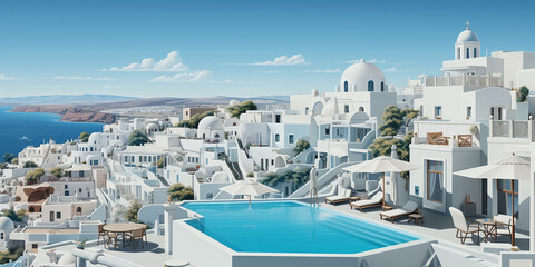 Einzigartige idyllische Architektur in Griechenland mit weißen Häuser am Meer in Querformat als Banner, ai generativ