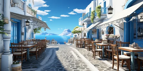 Fototapeten Einzigartige idyllische Architektur in Griechenland mit weißen Häuser am Meer in Querformat als Banner, ai generativ © www.freund-foto.de