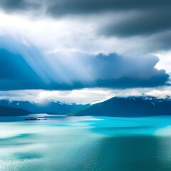 Blue-green clouds over the sea. Toned dark teal water and sky. Background with space for design. The mountains on the horizon. Calm, tranquility atmosphere.