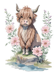 Scottish highland cow. Beautiful highland cow with flowers.