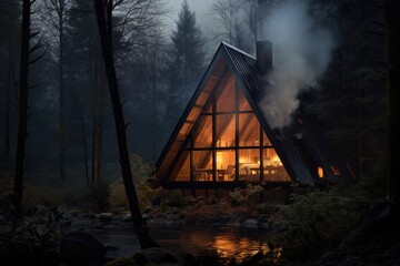 A cozy, A-frame cabin in the woods, with warm lights glowing through the windows amidst foggy surroundings.