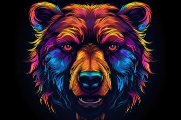 Colorful bear head with a piercing gaze, isolated on a black background.