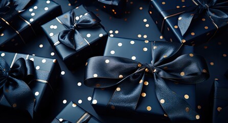 Christmas presents decorated with bows and blue ribbons on a blue background. 