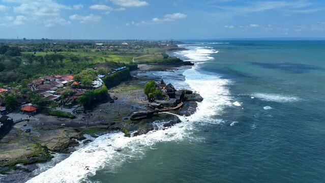 Aerial view of Tanah lot temple in Bali, Indonesia.