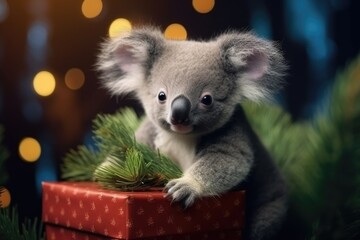 cute baby Koala bear with christmas gift boxes on blurred xmas tree background